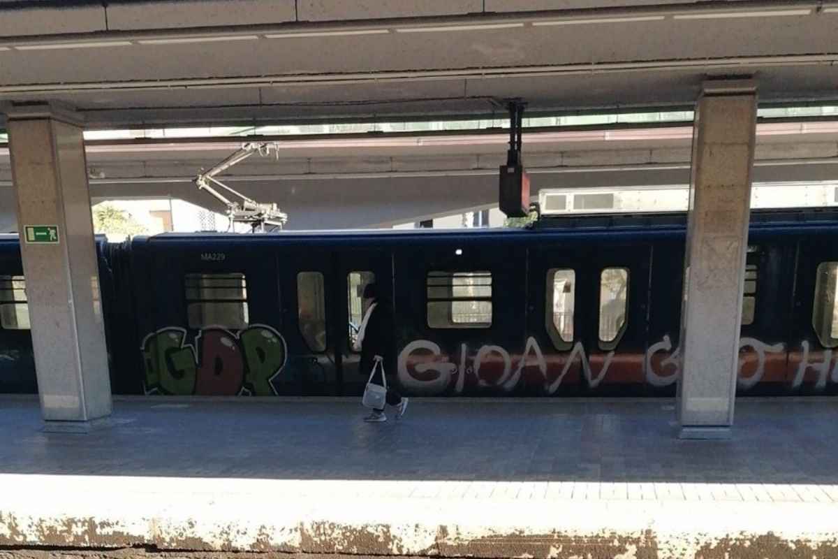 Foto del treno pieno di scritte vandaliche sulla Roma-Lido