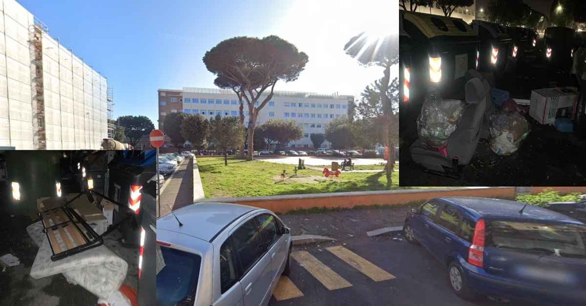 Rifiuti ingombranti dietro i cassonetti di Piazza delle Fiamme Gialle a Ostia