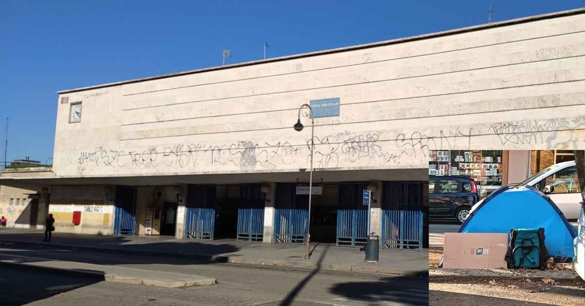 Tendopoli davanti la stazione di Lido Centro a Ostia