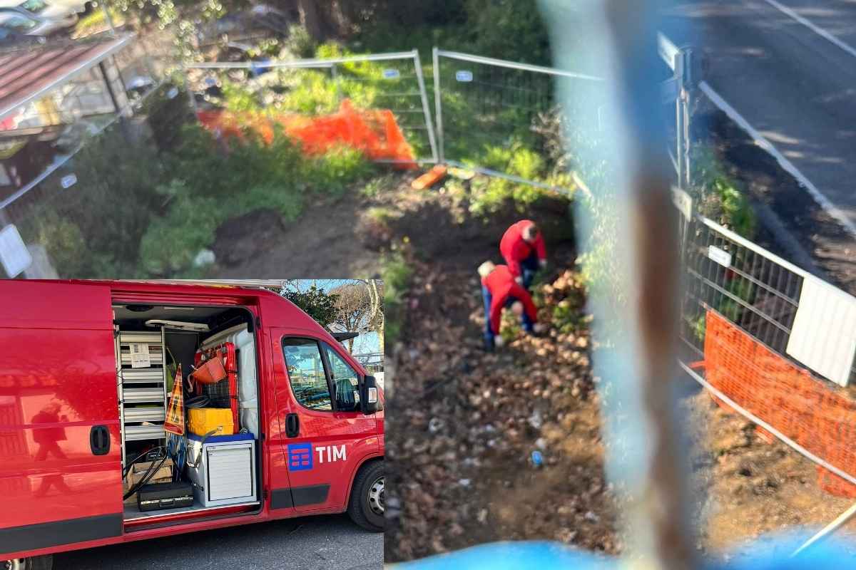 Tecnici della Tim al lavoro dentro il cantiere di Ostia Antica