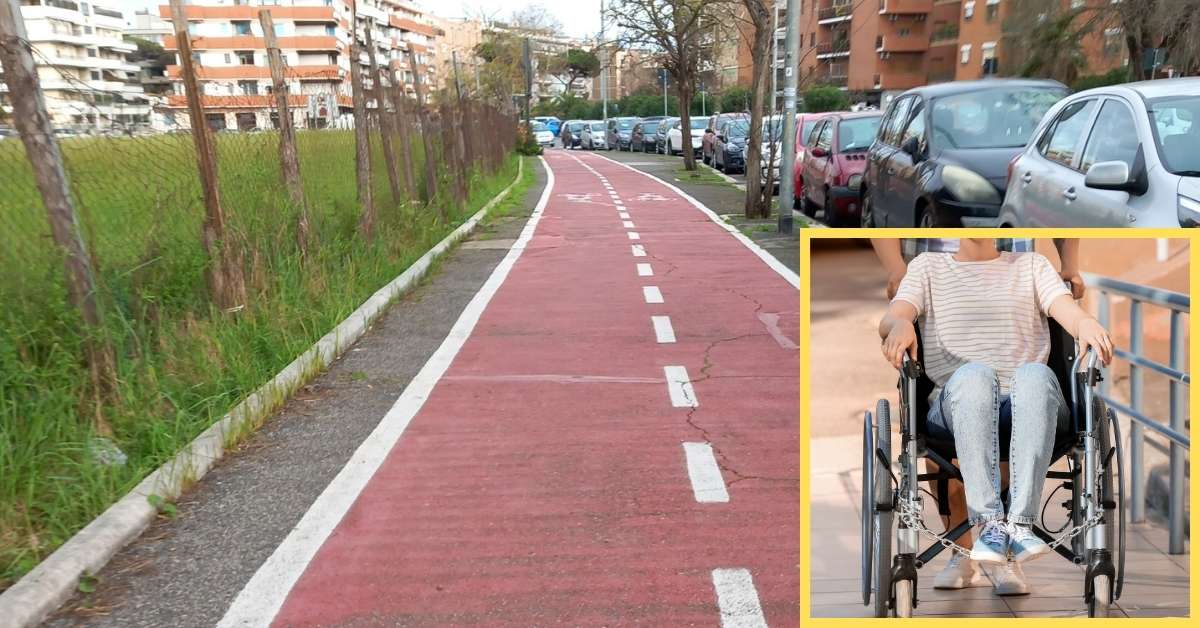 Signora disabile sulla pista ciclabile di via Isole del Capo Verde